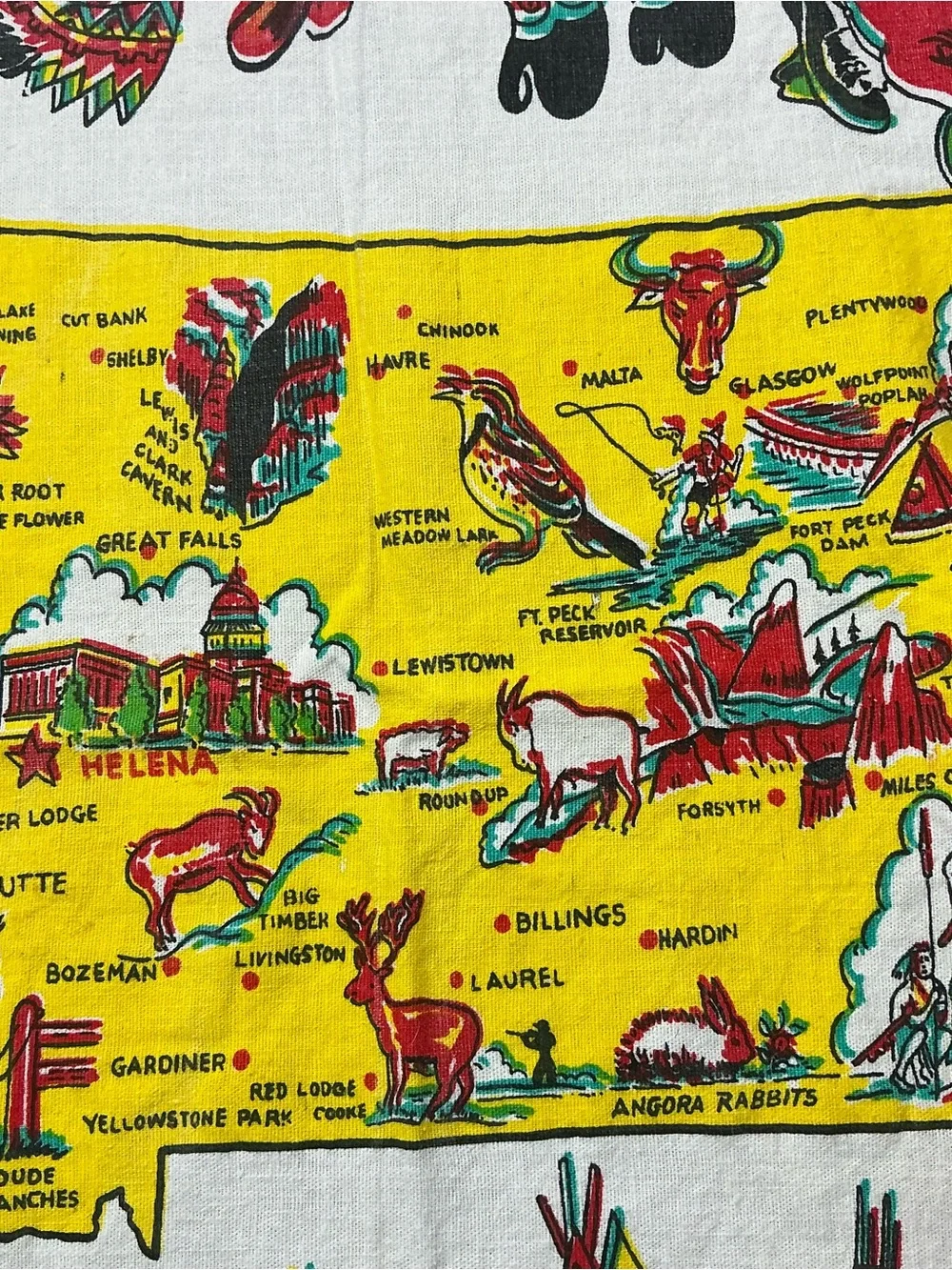 Vintage Montana land of shining mountains 1950s souvenir tablecloth 31x36